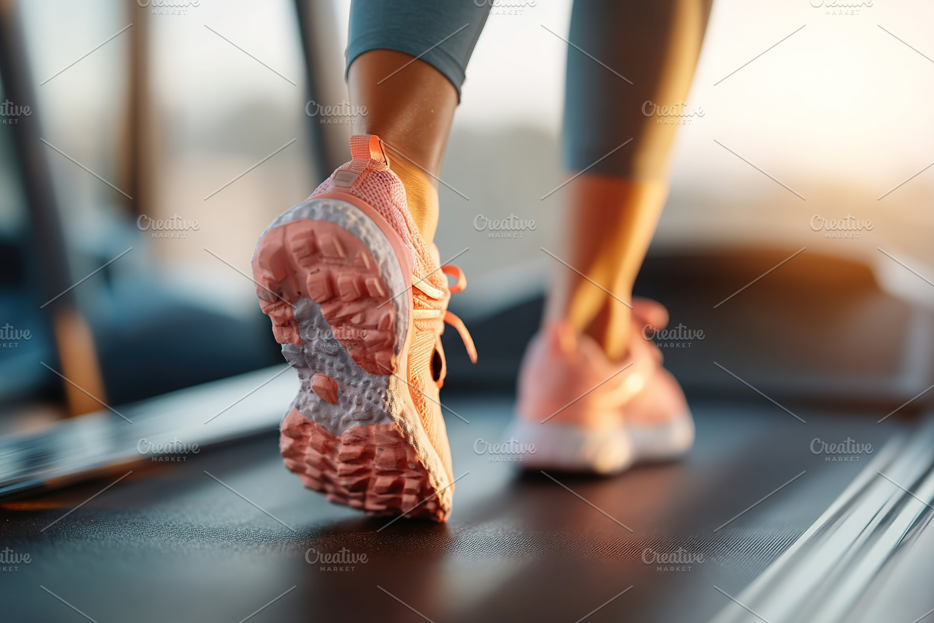 Female legs in running shoes on treadmill during workout in gym at sunset, a Sports & Recreation Photo by AlyaAnd