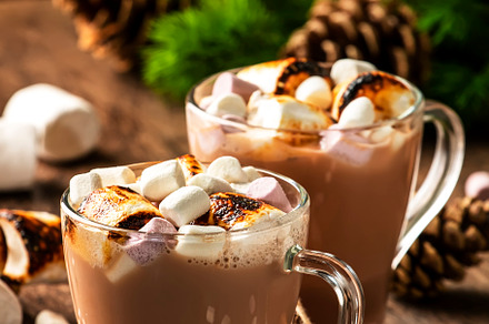 Hot chocolate drink with fried marshmallow in glass cups and win, a Food & Drink Photo by 5PH