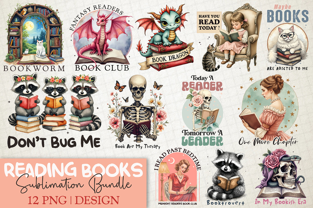 Reading Books Sublimation PNG Bundle, a Work Illustration by OK Design (Photo 1 of 8)