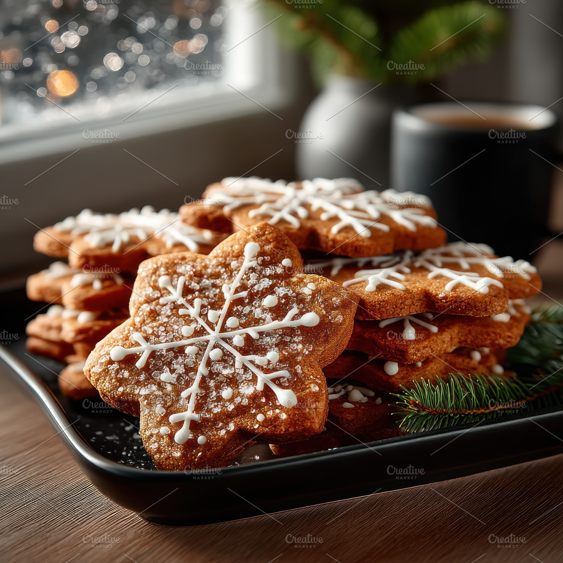 Snowflake shaped gingerbread cookies with icing and sugar crysta, a Holiday Photo by José Manuel Gelpi