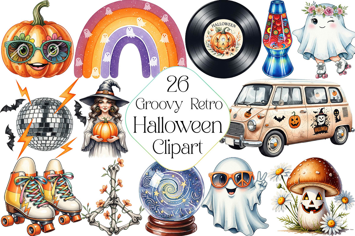 Groovy Retro Halloween Clipart, an Illustration by DreamPrint404 (Photo 1 of 5)