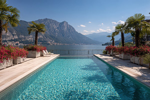 Pool view near lake with mountains, a Photo by Beautiful things