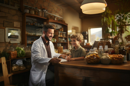 Doctor Consulting with Smiling Boy in a Cozy Office Setting, a Photo by AS photostudio