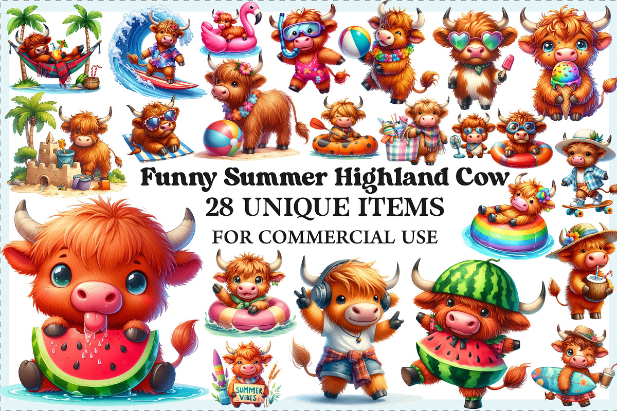 Funny Summer Highland Cow Clipart, an Illustration by Craft Nest (Photo 1 of 5)
