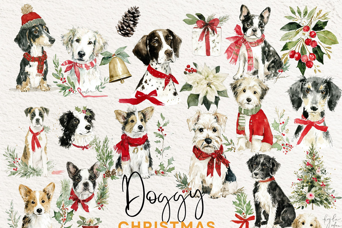 Christmas Watercolor Dogs Clipart, a Seasonal Illustration by artinspirestudio (Photo 3 of 8)