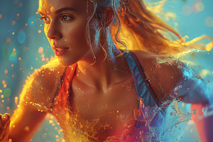A young Caucasian woman splashes through water, exuding energy and determinatio, a Person Photo by ImageMir