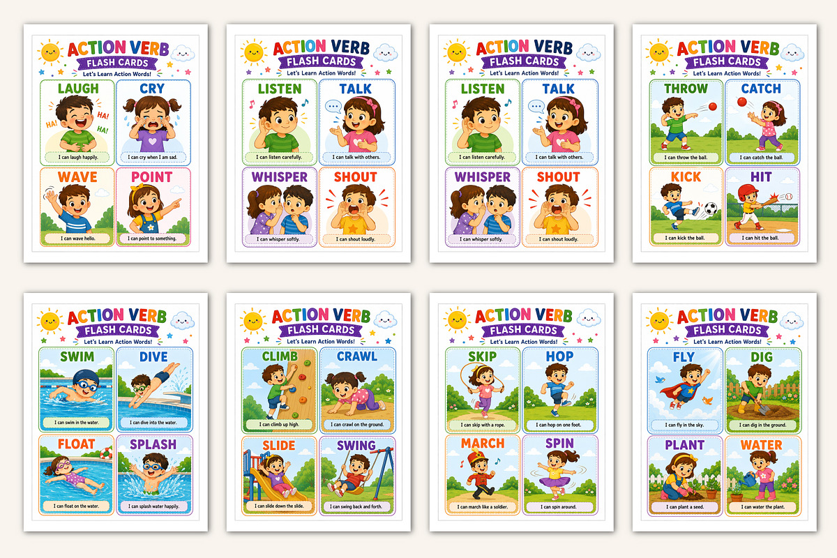 Action Verb Flash Cards, a Stationery Template by Designmela01 (Photo 2 of 5)
