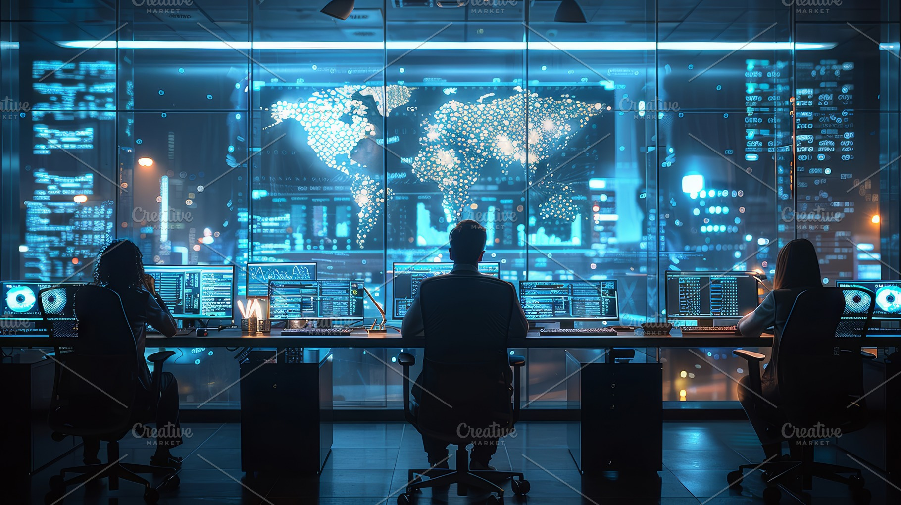 Professionals at Modern High-Tech Workstations with Multiple Screens in Futuris, a Photo by AS photostudio