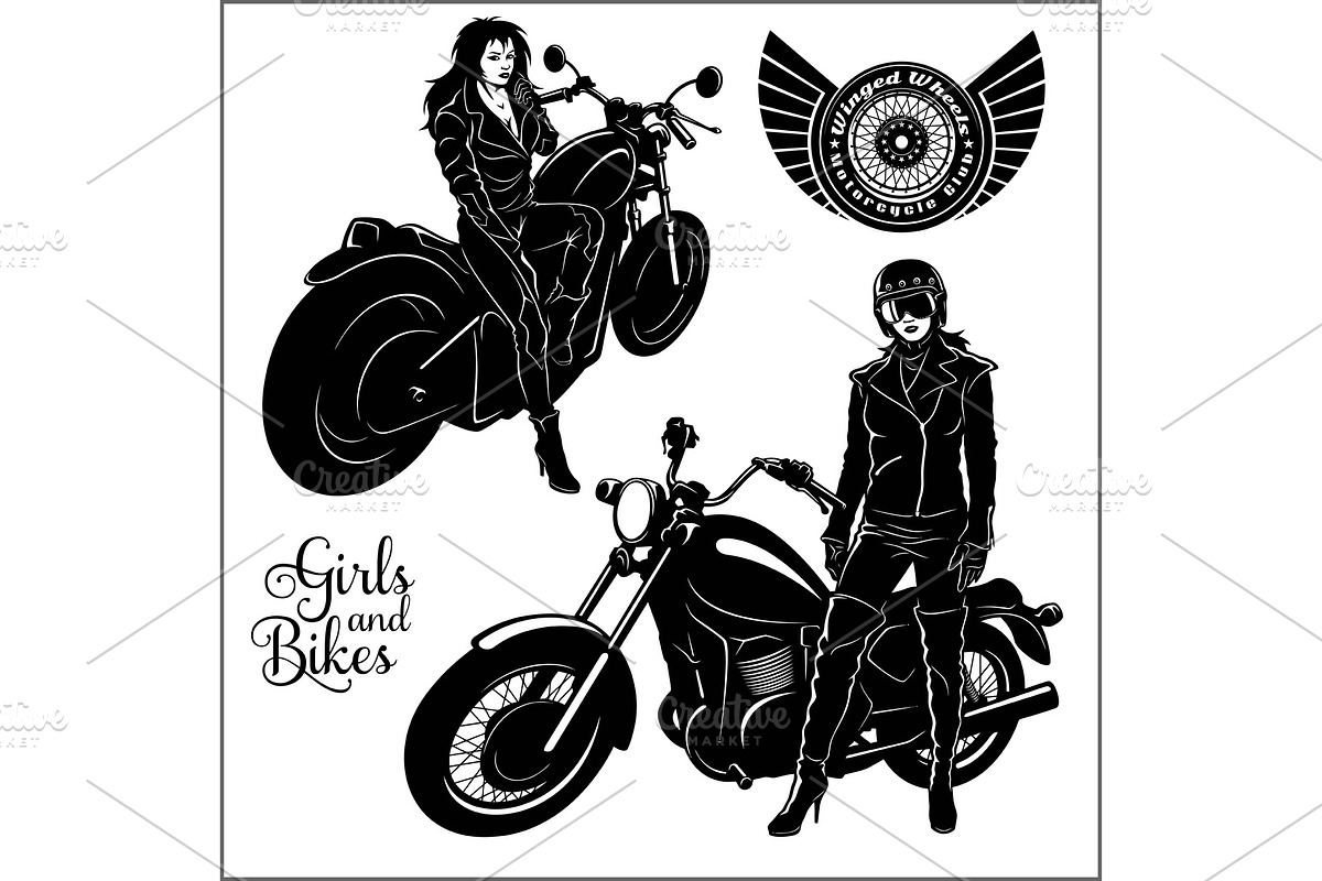 Sexy biker girl - monochrome vector, an Illustration by Digital-Clipart