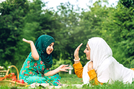 Portrait of happy religious enjoy happy love asian islam family