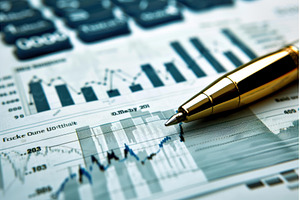 Golden pen pointing at rising stock, a Business Photo by Ylivdesign