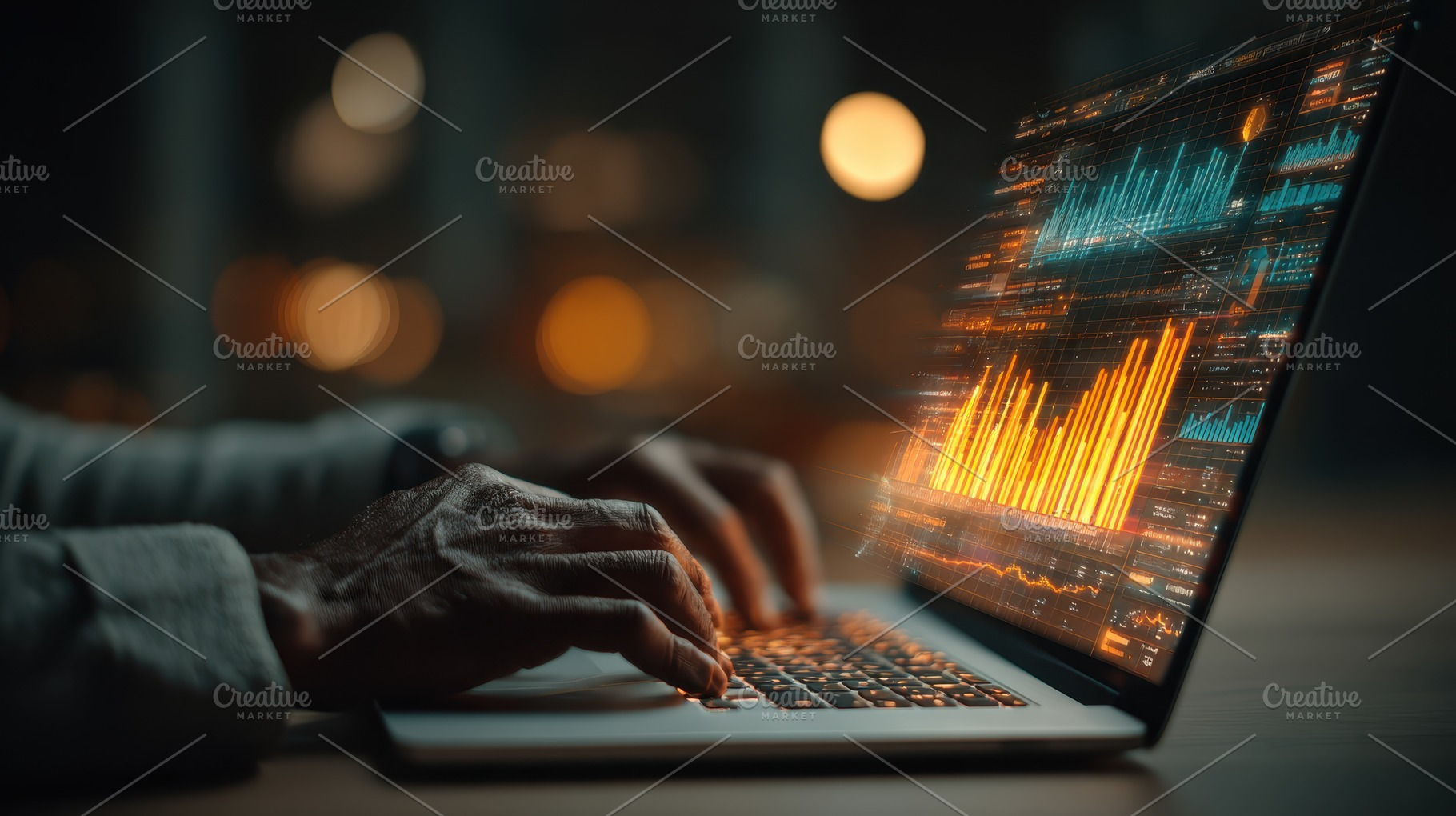 Hands typing on laptop with financia, a Photo by Pixeness Studio