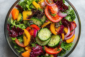 Fresh vegetable salad in glass bowl, a Food & Drink Photo by Pixeness Studio
