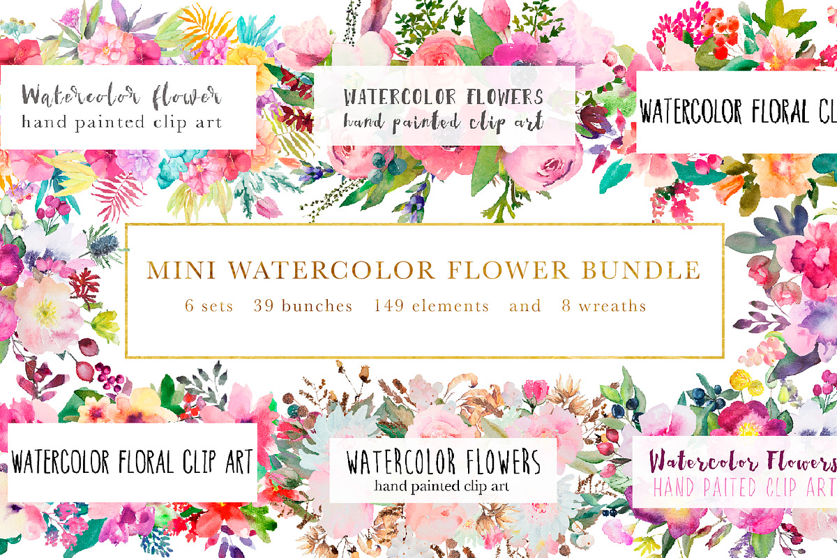 Watercolor flower bundle, an Illustration by GraphicRain (Photo 1 of 9)