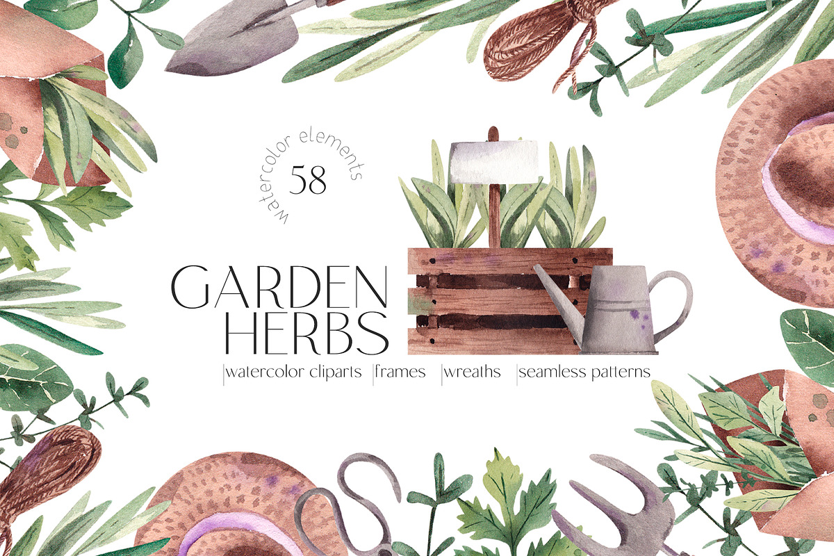 Watercolor Garden Herbs Clipart, a Food Illustration by YuliyaArtGarden (Photo 1 of 9)
