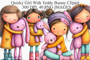 Quirky Girl With Teddy Bunny Clipart, an Illustration by Canvas Craft