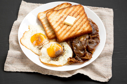 Homemade Healthy Sunnyside Eggs Breakfast on a white plate on a, a Food & Drink Photo by LiudmylaChuhunova