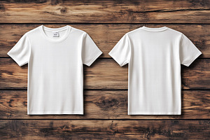 A plain white t-shirt mockup on a wooden background, showing both the front and, a Shirt Mockup by Textures & Backgrounds