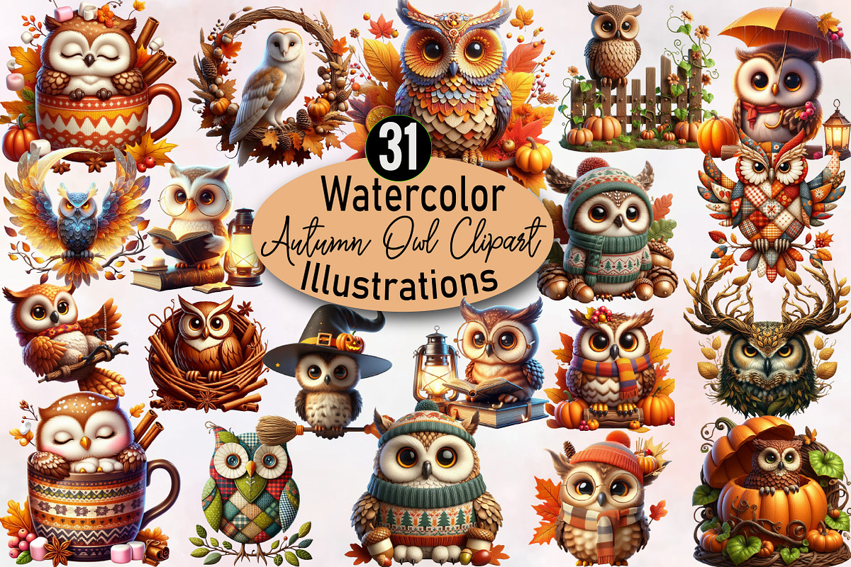 Watercolor Autumn Owl Clipart Bundle, an Illustration by SVGArt (Photo 1 of 8)