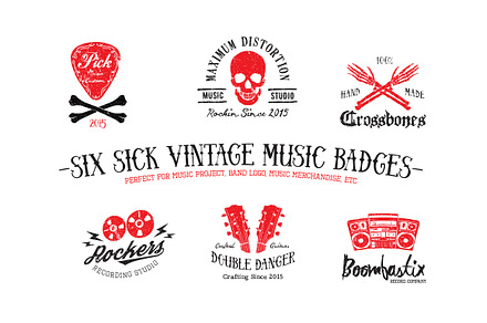 SIX SICK VINTAGE MUSIC BADGES