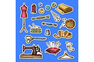 Vector Set Of Hand Drawn Sewing Elements Stickers