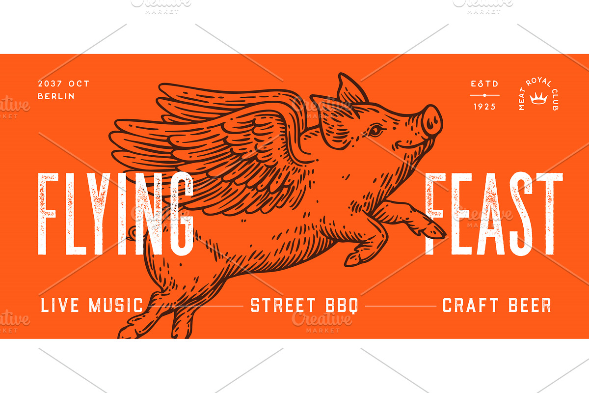 Fly piggly, pig, piglet with wings, a Food Illustration by Foxys Graphic