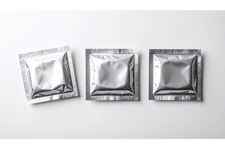 Three sealed silver condom packages, a Health & Medical Photo by Igor Tichonow