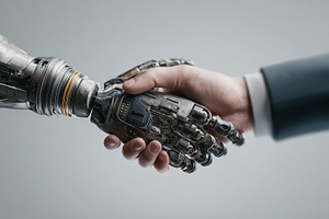 Human and robotic hand in a firm, a Technology Photo by MistyDay