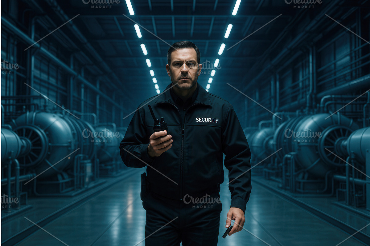 Male security guard holding a walkie, a Person Illustration by Sergey Kotenev