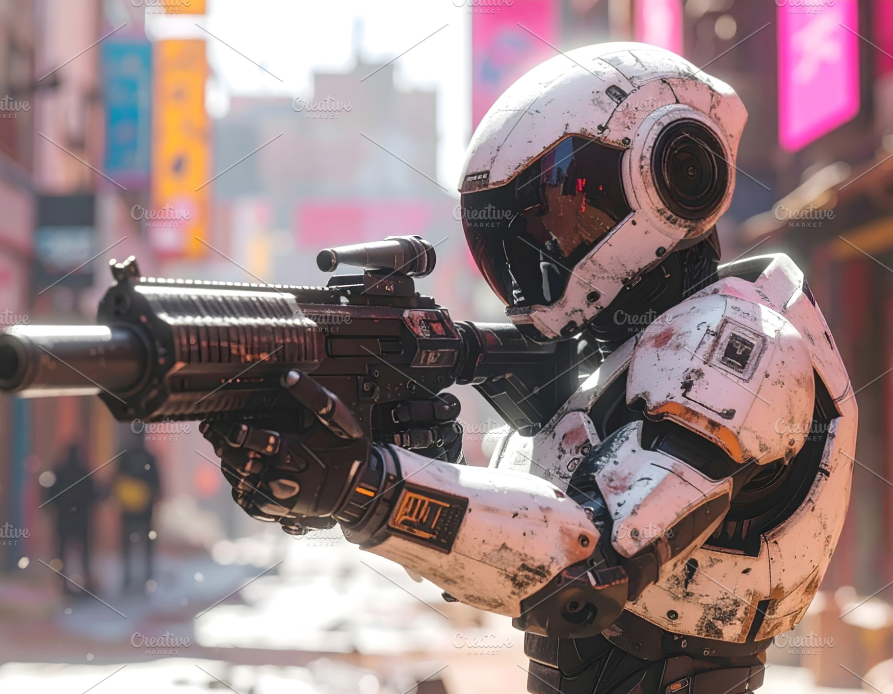 Police robot patrolling street with futuristic weapon in hands, an Industrial Photo by GoodGoods