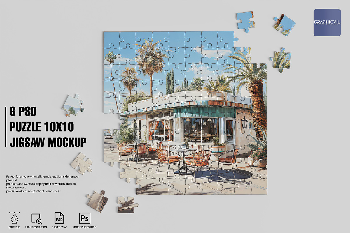 Puzzle Mockup Jigsaw Mockup 6 PSD, a Merchandise Mockup by GraphicVil (Photo 1 of 9)