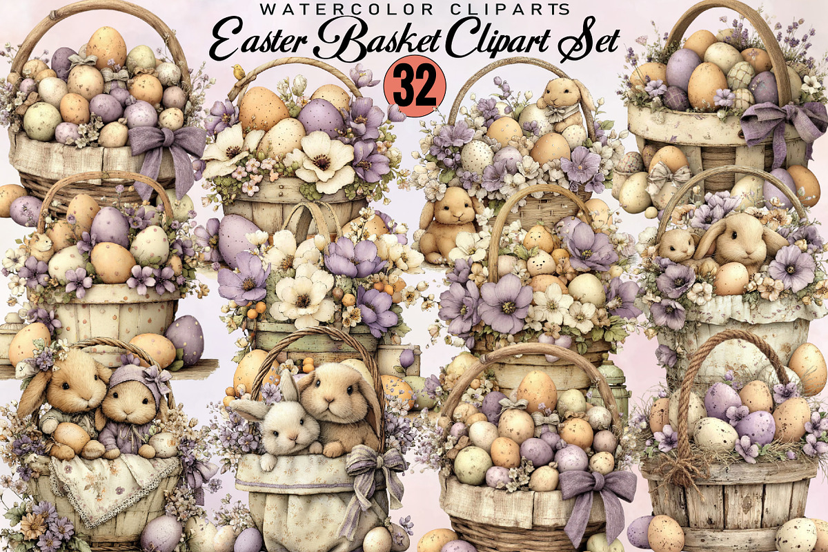 Easter Basket Clipart Set, an Illustration by SVGArt (Photo 1 of 8)