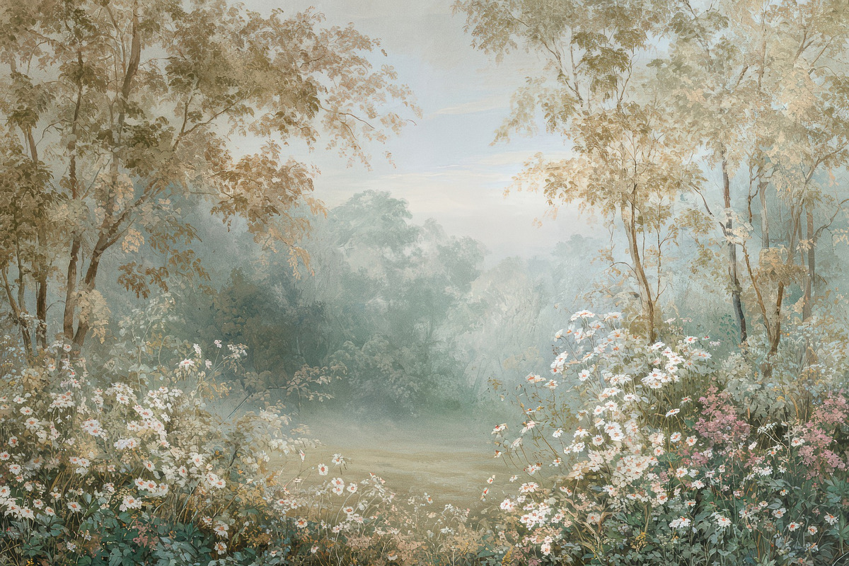 Vintage Garden Scene Wallpaper, a Decorative Illustration by Virgo Studio