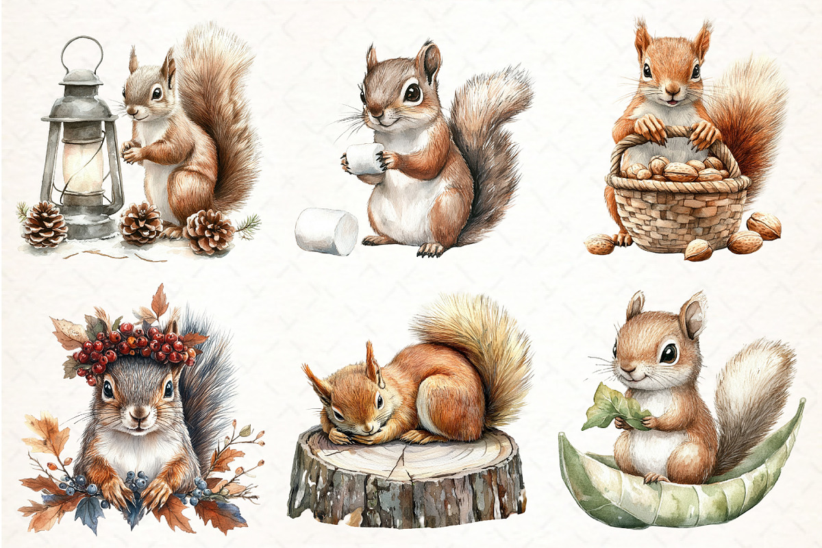 Watercolor Autumn Squirrel Clipart, an Illustration by Pixels.Craft (Photo 2 of 7)