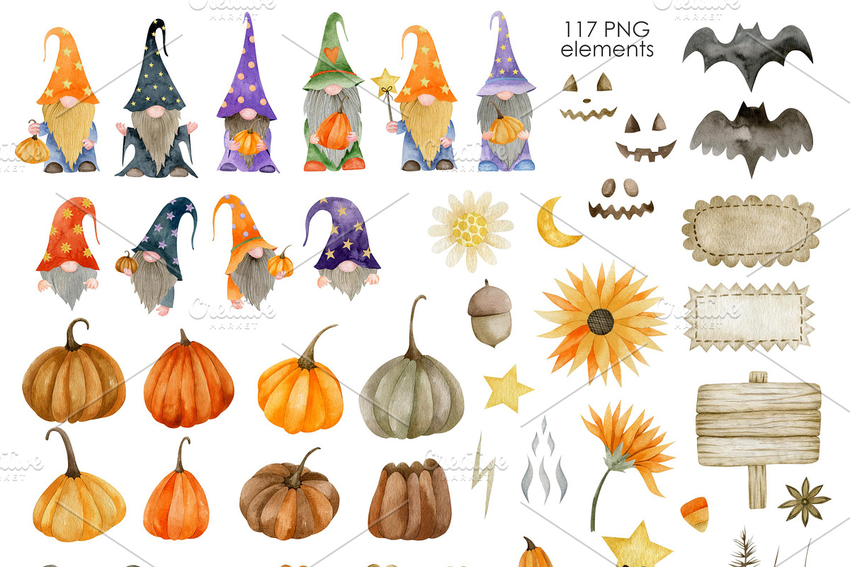 Watercolor Gnomes Halloween., a Decorative Illustration by Kira Konoshenko (Photo 2 of 8)