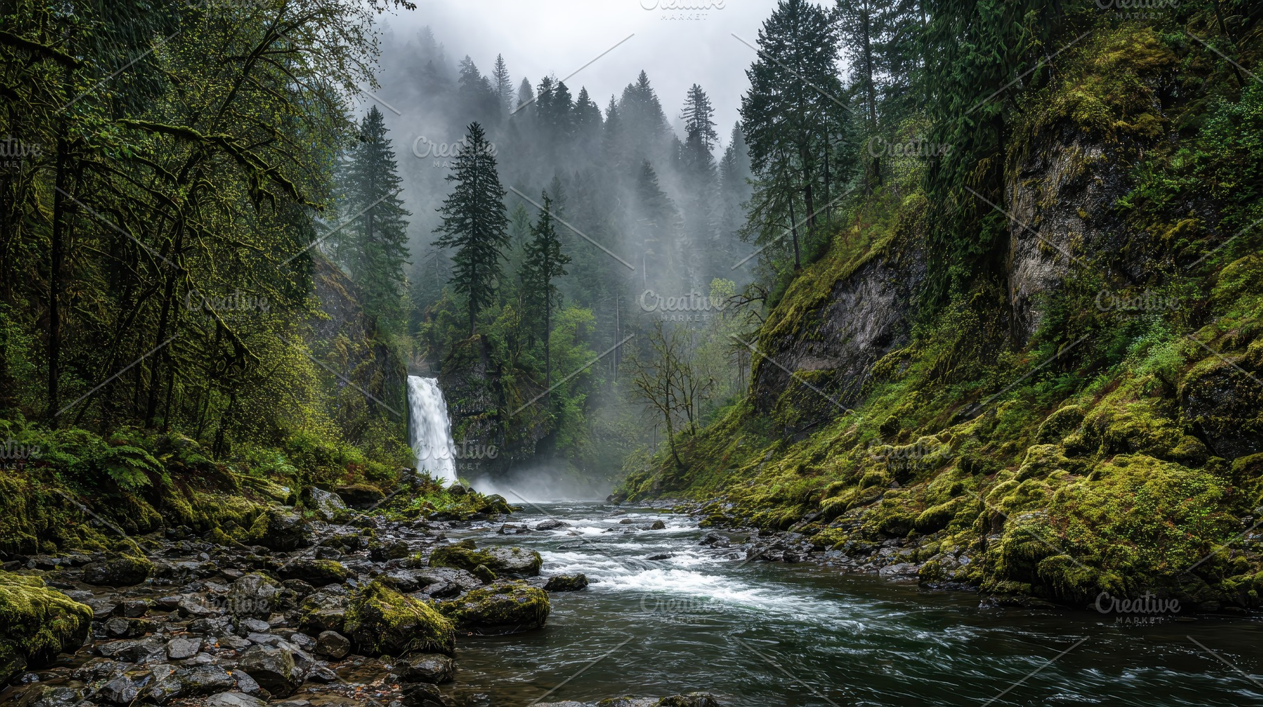 Waterfall flows through forested, a Photo by Pavel_design