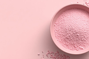 Flat lay of a pink ceramic bowl filled with pink powder on a mat, an Animal Photo by Ales Munt