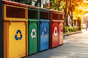 Colorful recycling bins on city side, an Industrial Photo by Photostock