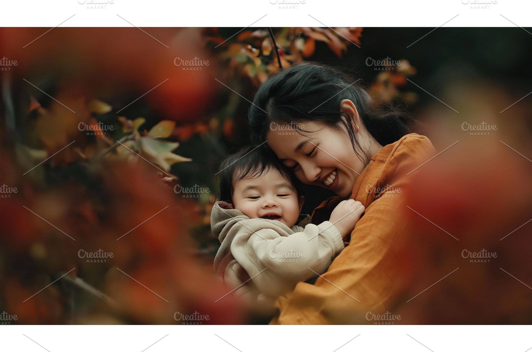An Asian mother embraces her smiling, a Person Photo by Sergey Kotenev
