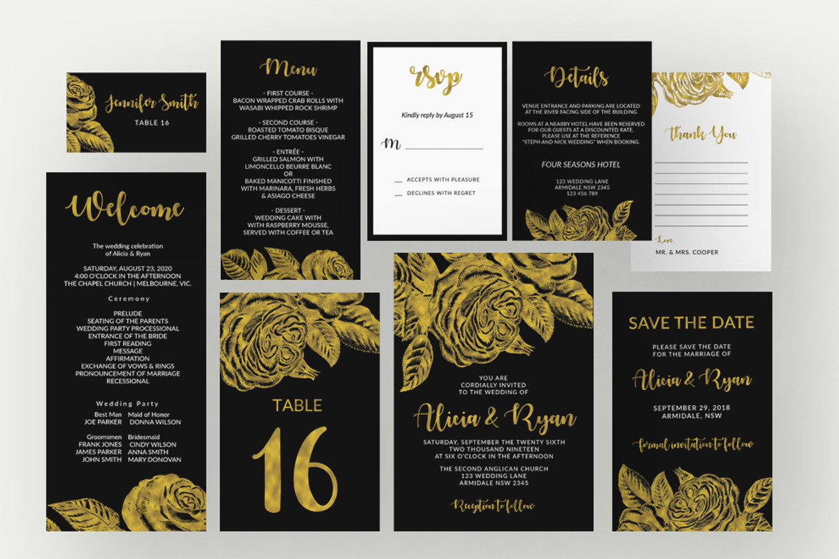 Gold roses flower black invitation, a Templates & Theme by Inkpower