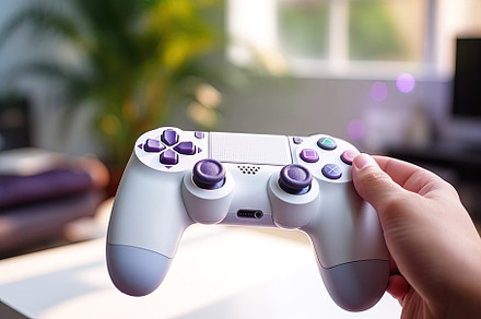Close-up adult hand holding a control panel for a game console, a Sports & Recreation Photo by zakiroff