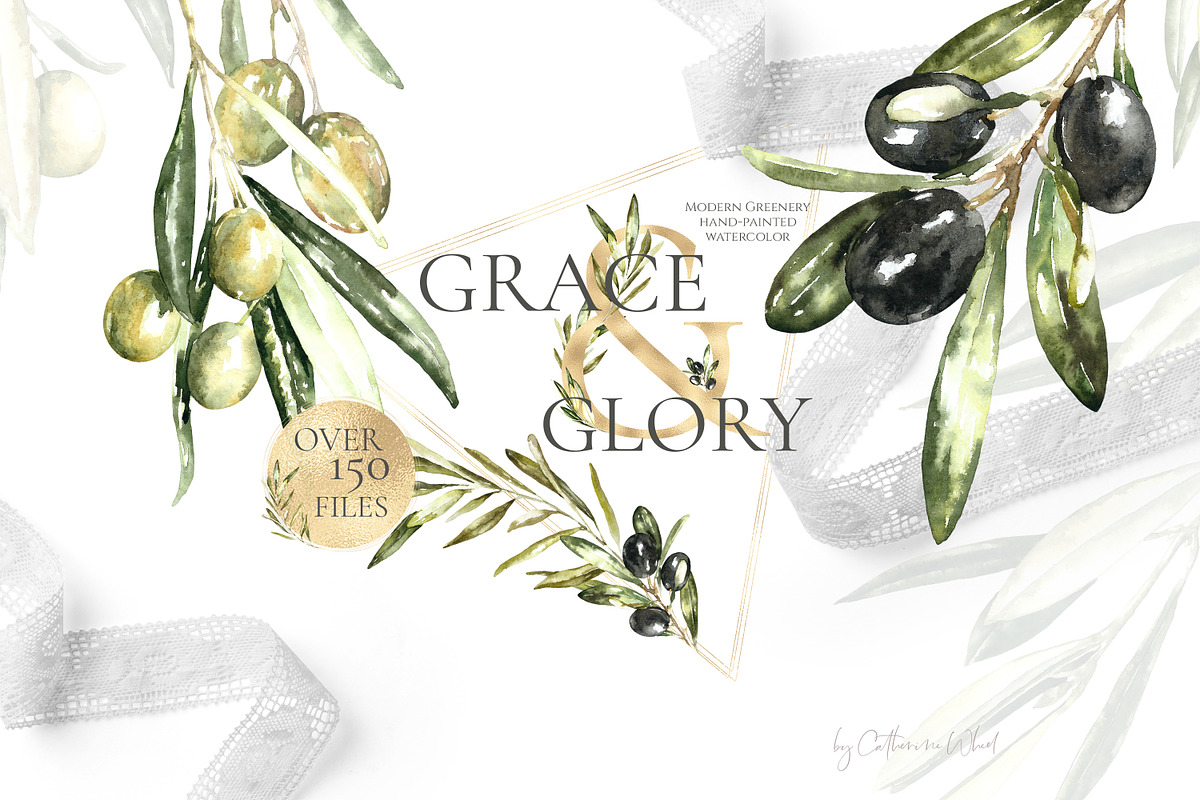 Watercolor Olive greenery clipart, a Decorative Illustration by Catherine Wheel (Photo 1 of 19)