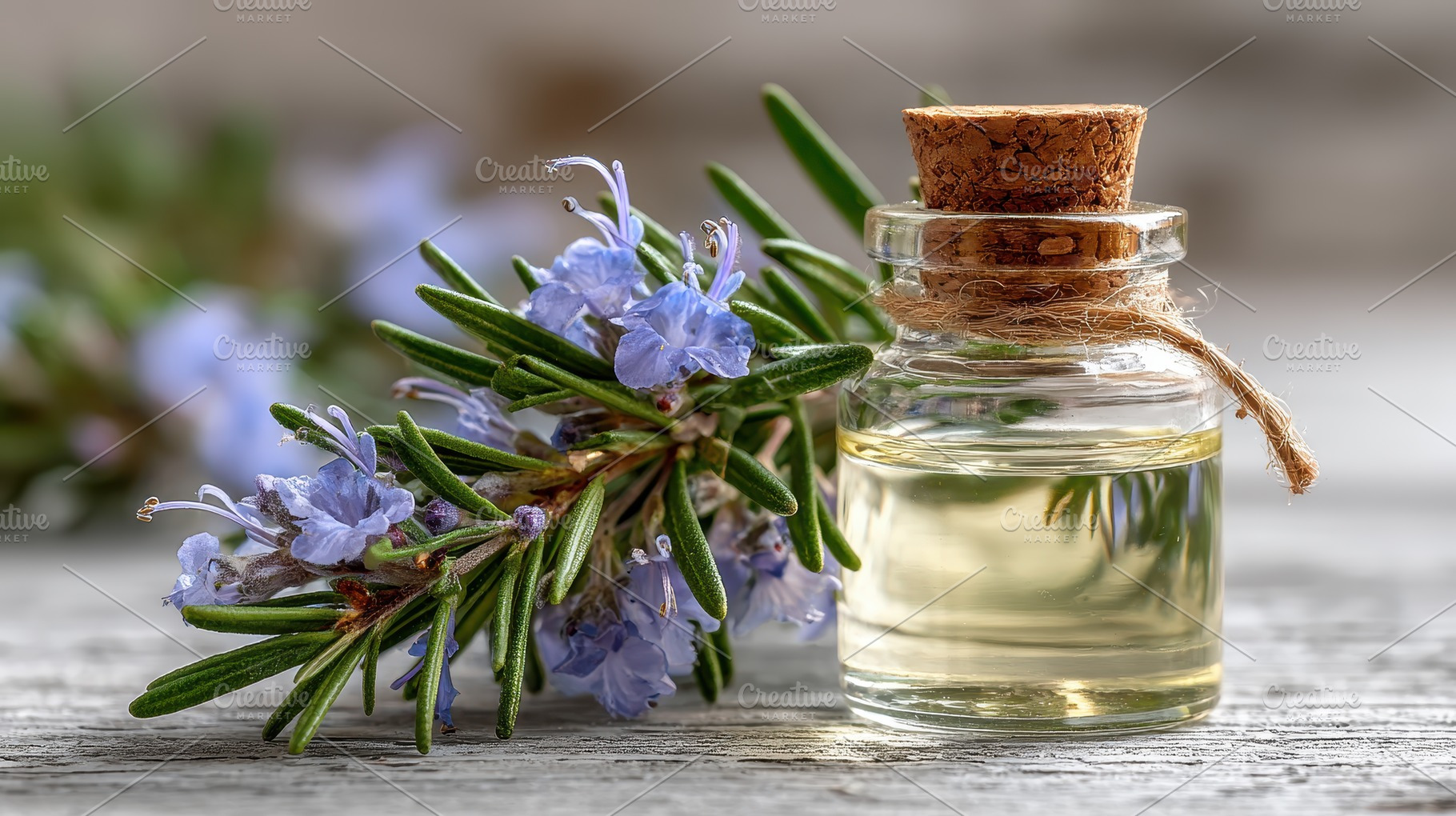 Rosemary essential oil in a glass bo, a Photo by Pixeness Studio