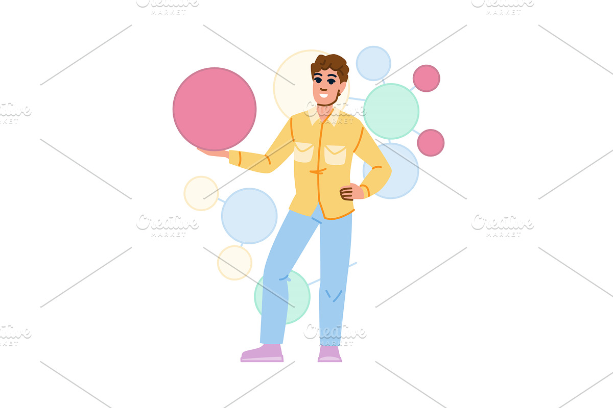 Young man showing a big pink round, an Illustration by pikepicture