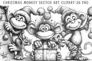 Christmas Monkey Sketch Art Clipart, an Illustration by Libby Wishes (Thumbnail 1 of 7)