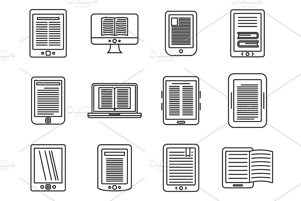 Ebook reader icons set, outline, a Technology Illustration by Ylivdesign