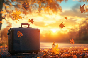 Autumn leaves and a suitcase at suns, a Photo by Tanuart