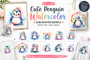 Cute Penguin Watercolor Sublimation, an Animal Illustration by S Graphic Studio