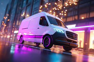 Bright LED-lit van unloading goods in urban setting at night, a Transportation Photo by AlyaAnd