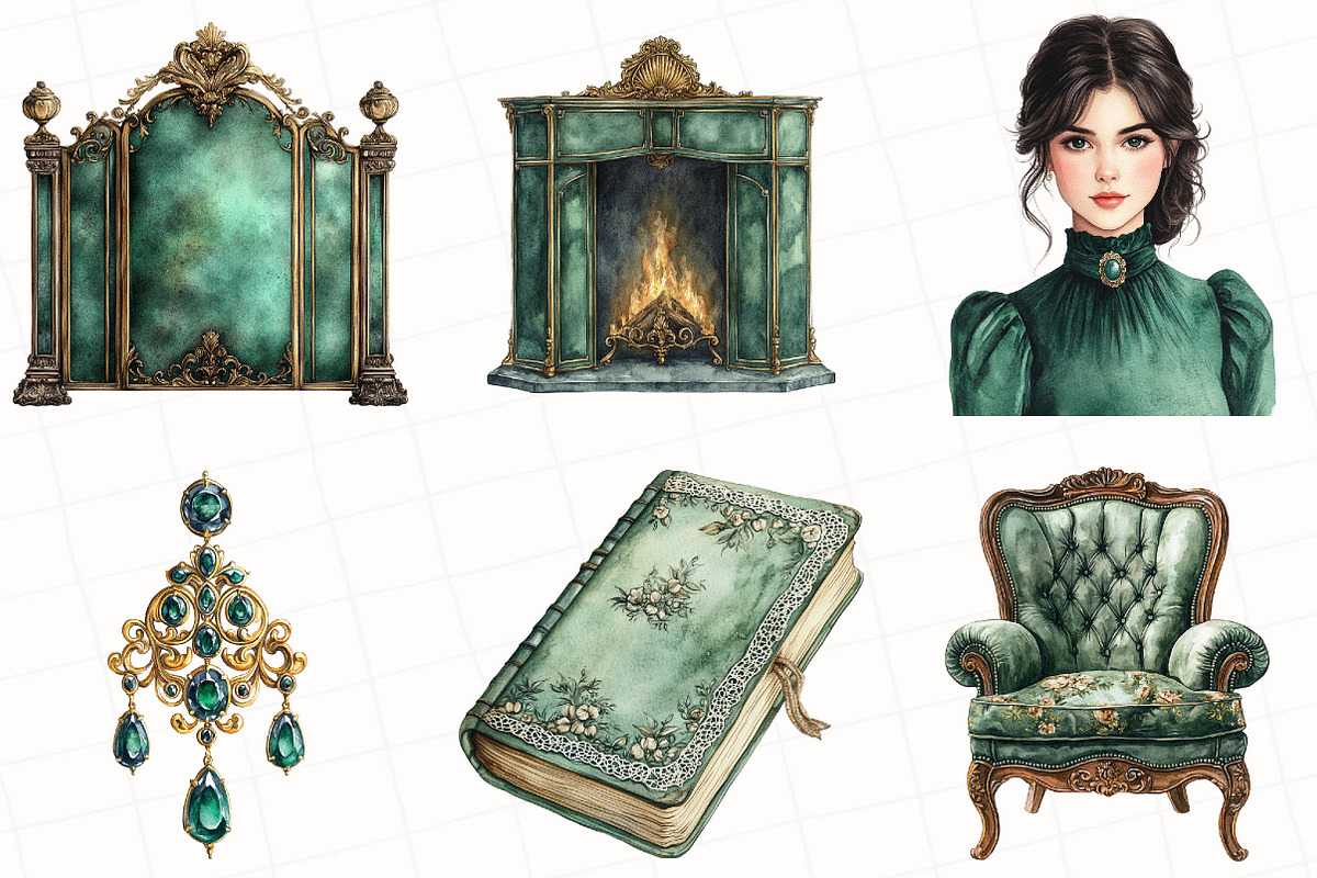 Watercolor Emerald Victorian Clipart, an Illustration by OK Design (Photo 4 of 5)
